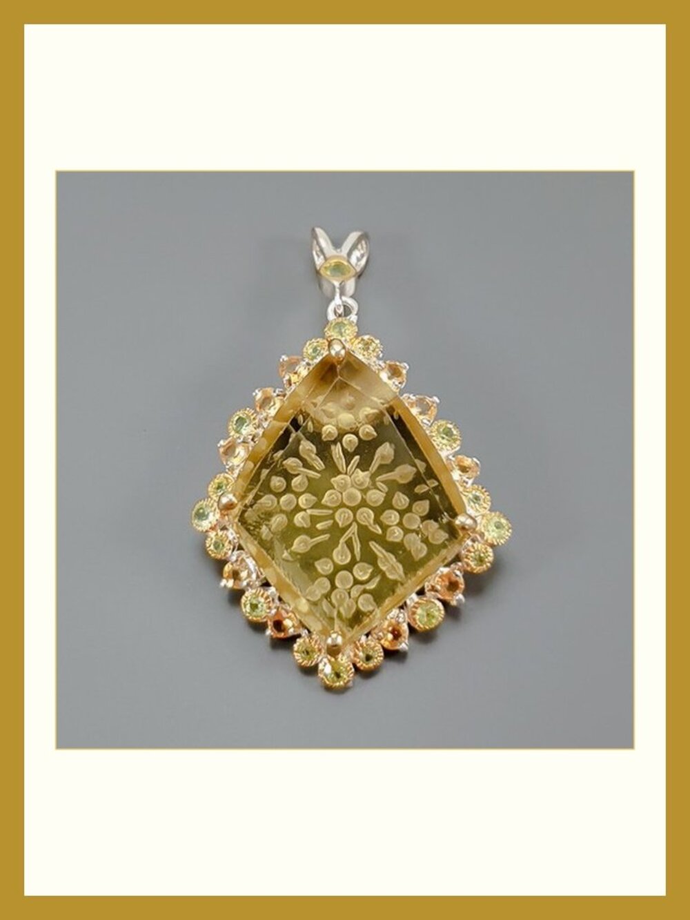 Pendant 45ct Natural Carved Lemon Quartz with Peridot Citrine 925